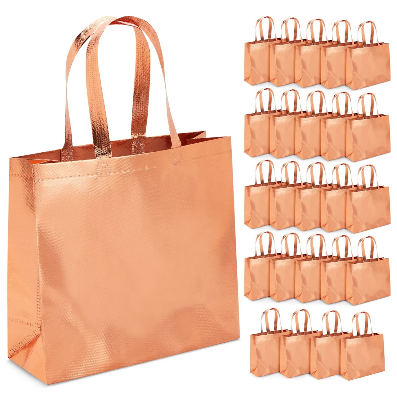 24 Pack Rose Gold Gift Bags with Handles, Large Non-Woven Reusable Grocery Tote Bags (13.8 x 11.8 x 4.72 In)
